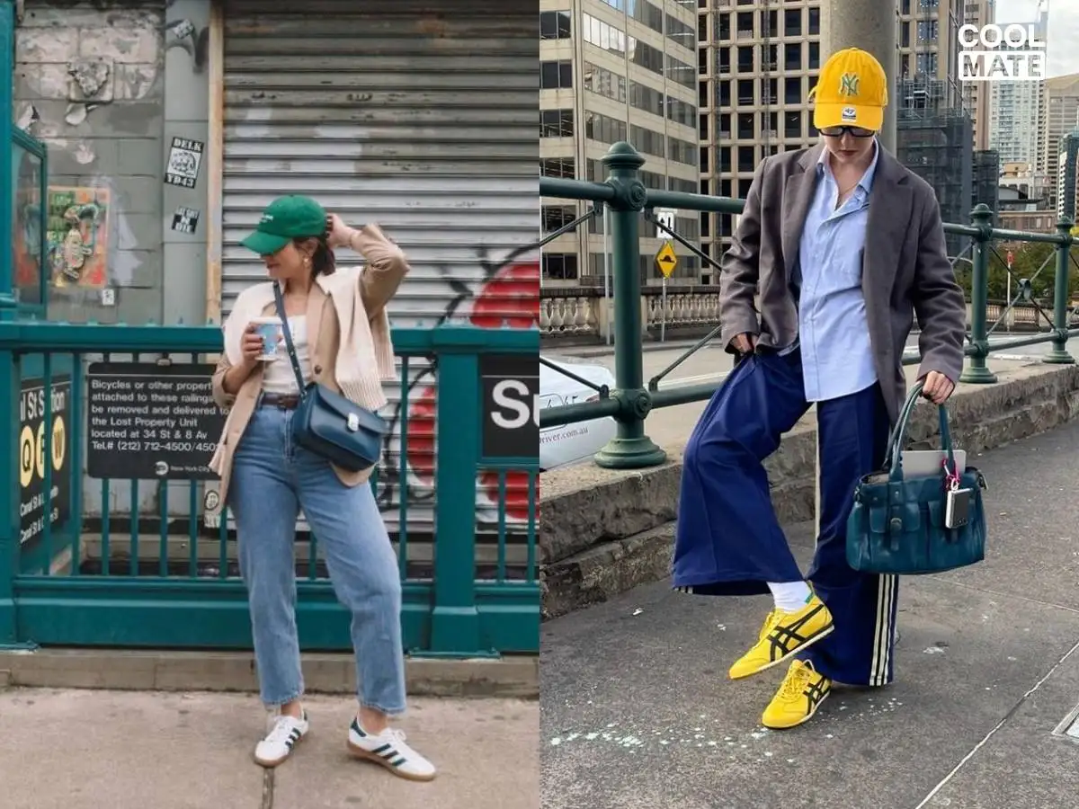 Set đồ color block nổi bật, có sử dụng mũ lưỡi trai làm điểm nhấn hoặc một phần của khối màu