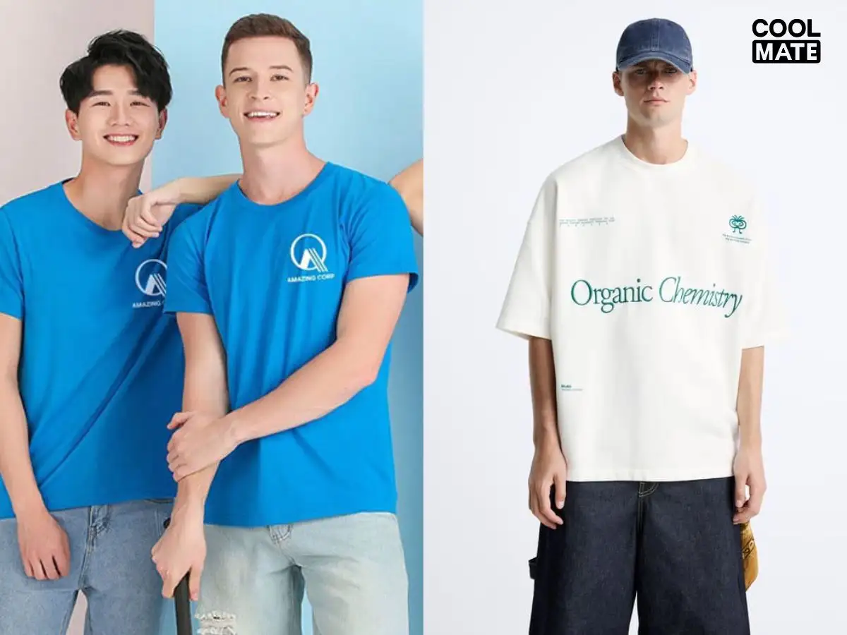 So sánh mẫu áo đồng phục với logo ở ngực trái trang trọng và một áo thời trang với logo ở vị trí sáng tạo