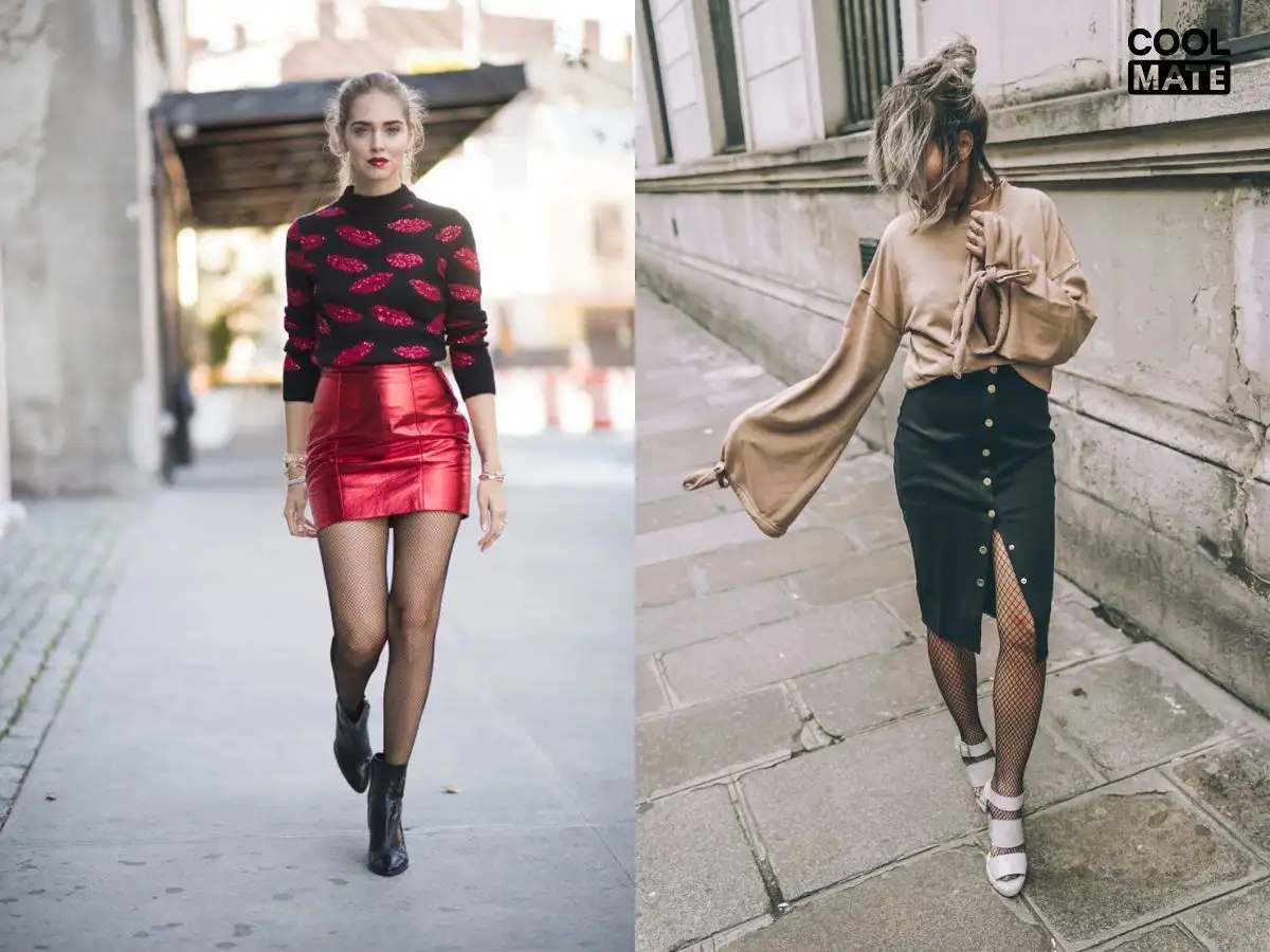 Tất lưới với váy chữ A và midi xẻ tà quyến rũ