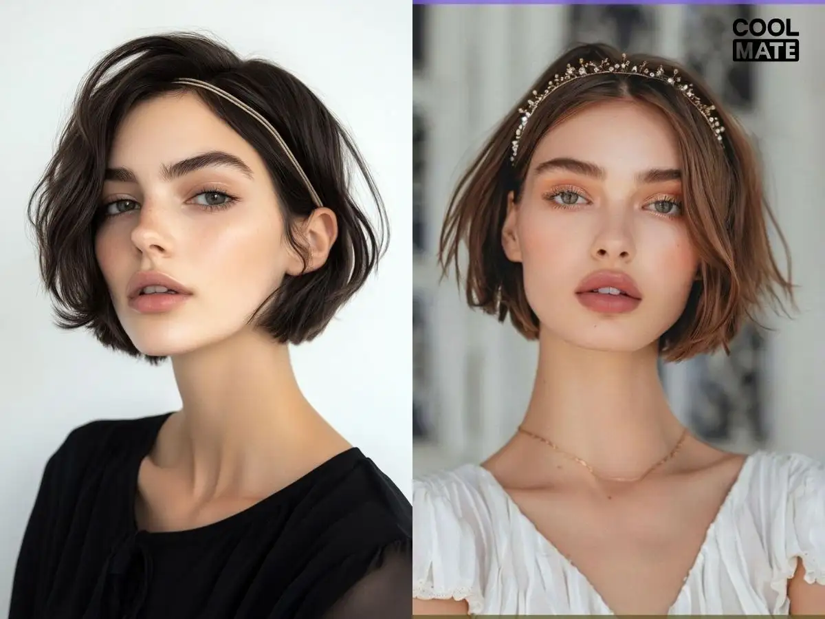 Tóc bob đeo băng đô bản nhỏ, đẩy nhẹ ra sau tạo độ phồng