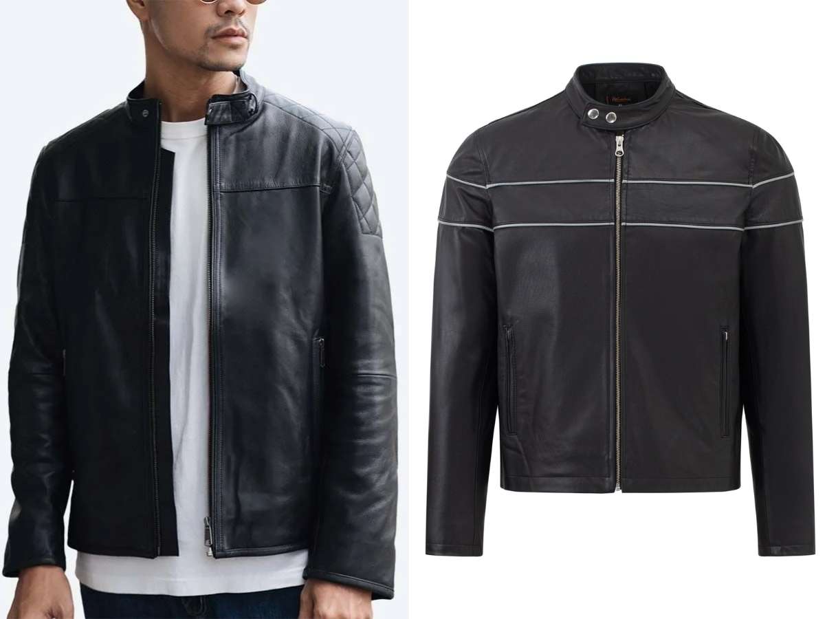 Mẫu áo khoác da nam Cafe Racer màu nâu, thiết kế tối giản, cổ trụ đứng