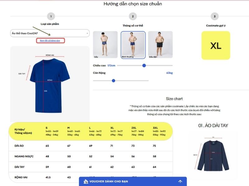 Bạn cũng có thể nhấn vào mục "Xem tất cả bảng size"