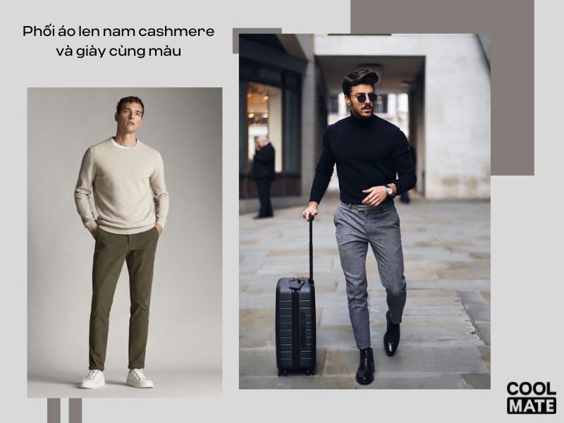 Phối áo len nam cashmere và giày cùng màu 