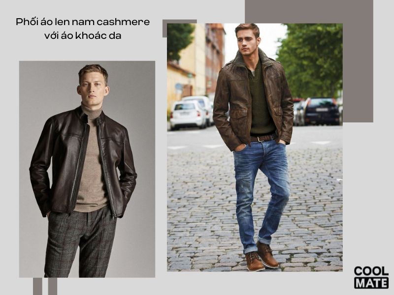 phối đồ với áo len nam cashmere và áo khoác da