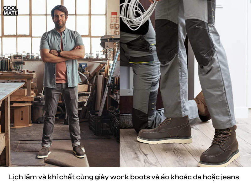 Phối đồ Work Boots với áo khoác da hoặc Jeans