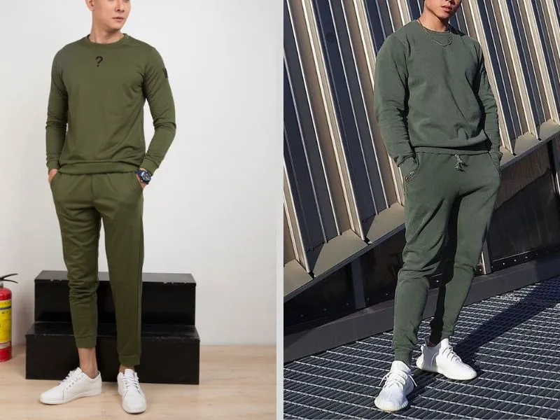 áo sweater xanh rêu phối với quần jogger cùng màu