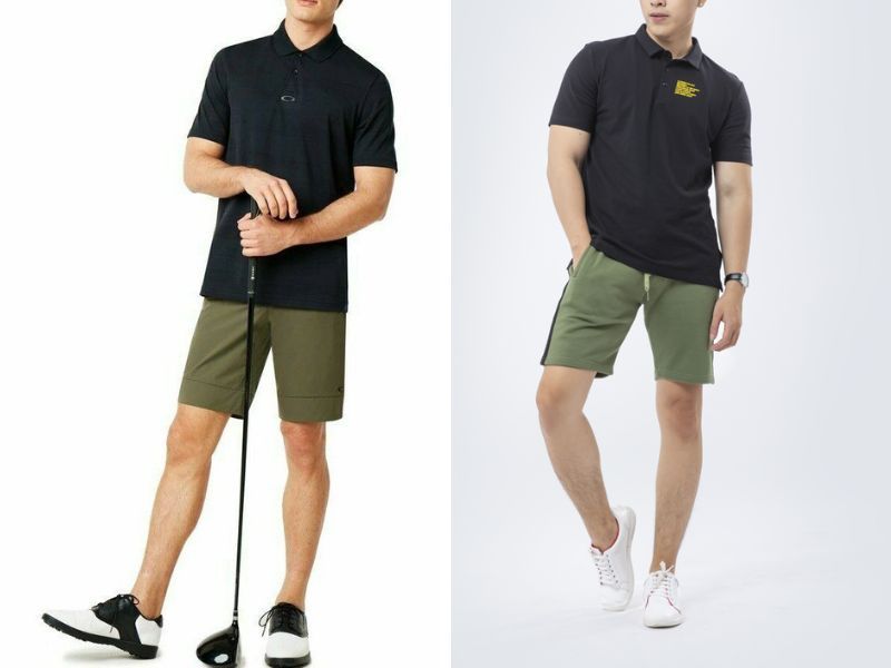 quần short xanh rêu phối áo polo đen