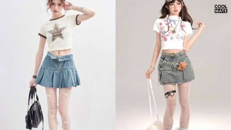 Phối đồ đi chơi mùa hè Áo croptop và chân váy denim