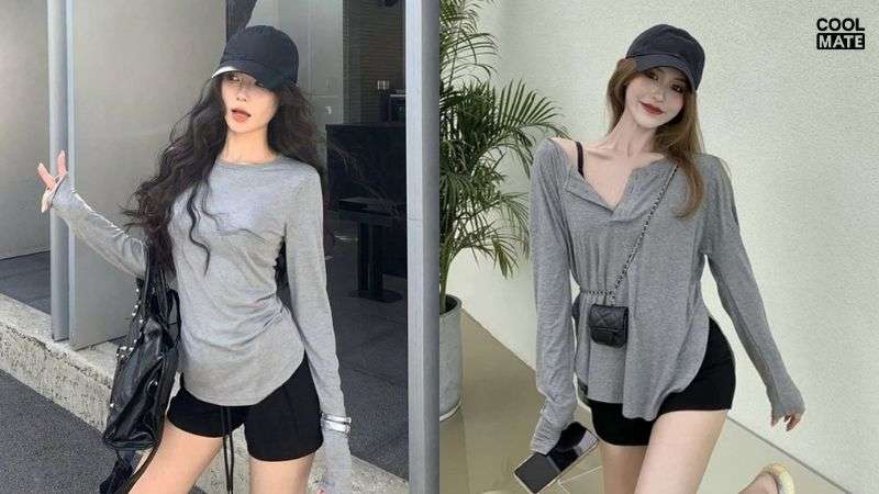 Phối đồ đi chơi mùa hè Áo thun dài tay và quần shorts vải