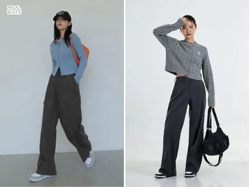 Phối áo croptop len nữ với quần ống rộng