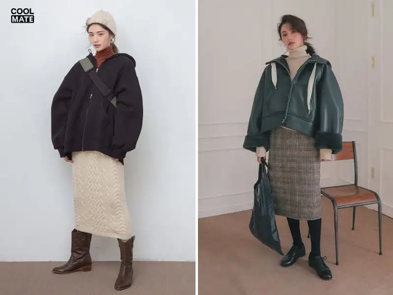 Phối áo len cổ lọ nữ với áo khoác oversized