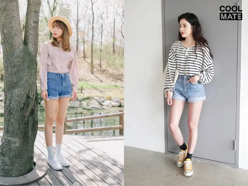 Quần short jean nữ phối đồ cùng áo tay dài