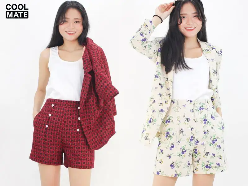 Phối set quần short họa tiết cùng áo trơn bên trong