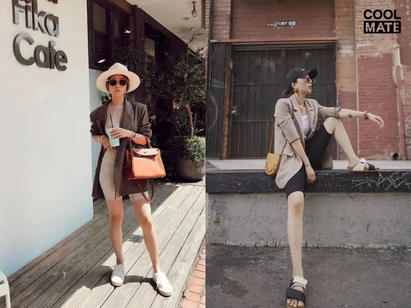 Phối quần legging và áo croptop, thêm áo khoác blazer bên ngoài