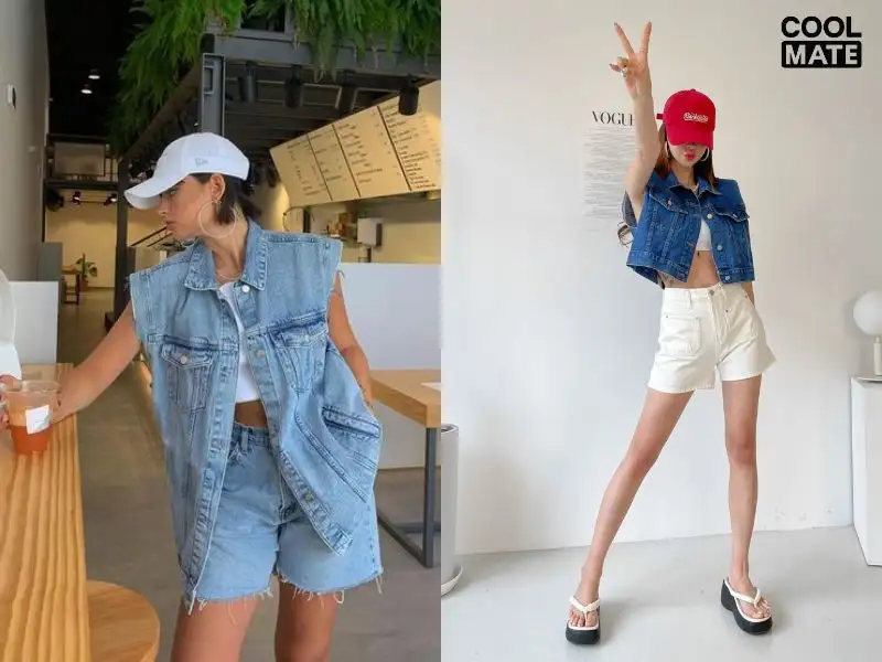 Quần short lưng cao cùng áo croptop và khoác denim sát nách