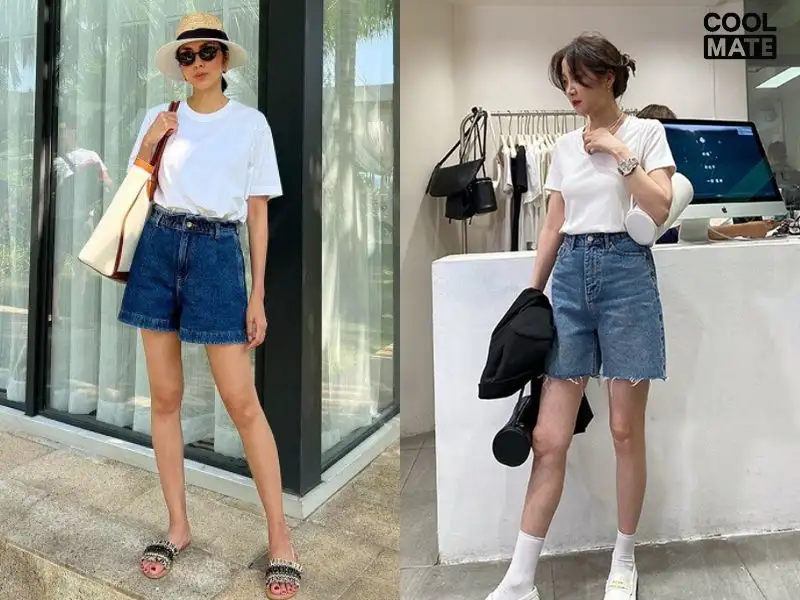 Phối quần short jeans cạp cao với áo thun trắng trơn