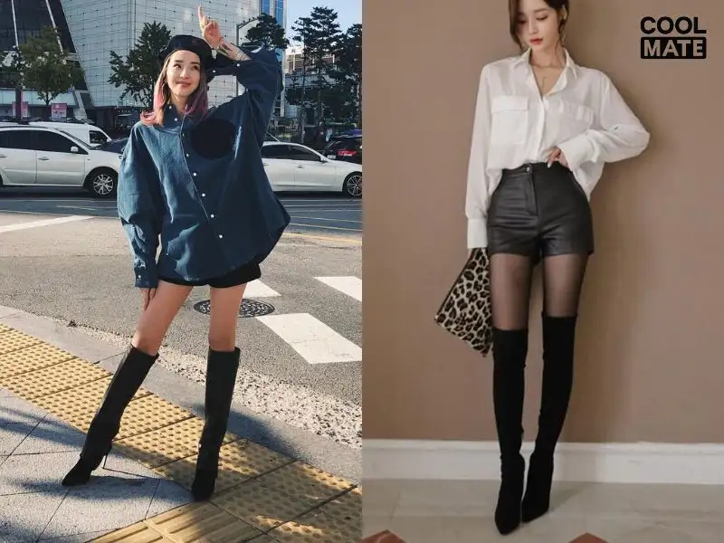 Phối quần short với áo sơ mi oversize và boot cao qua gối