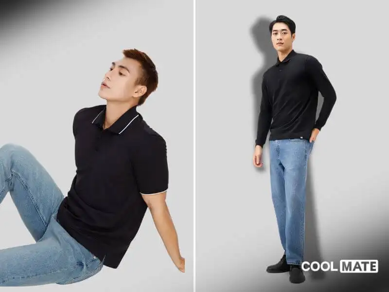 Áo polo đen Coolmate phối cùng quần jeans