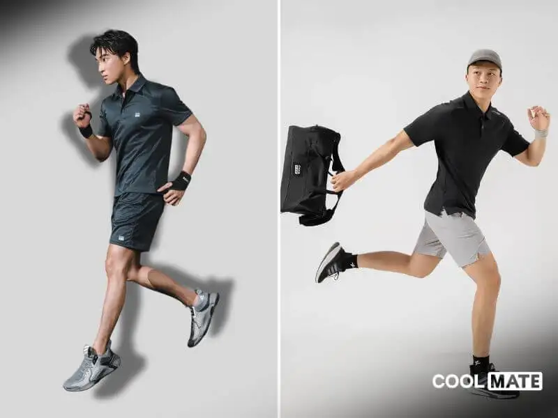 Áo polo đen Coolmate phối cùng quần short thể thao