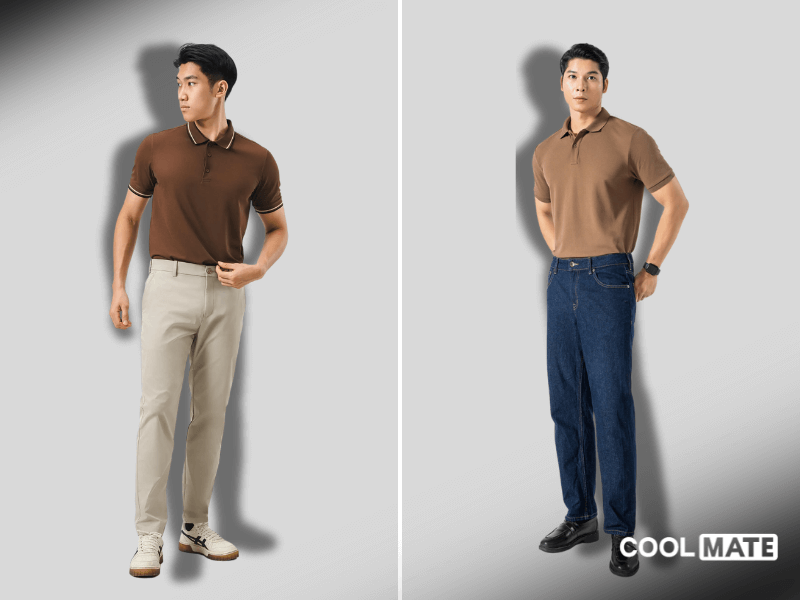 Áo polo nâu Coolmate phối cùng quần kaki và quần jeans