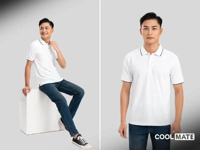 Áo polo trắng Coolmate phối cùng quần jeans