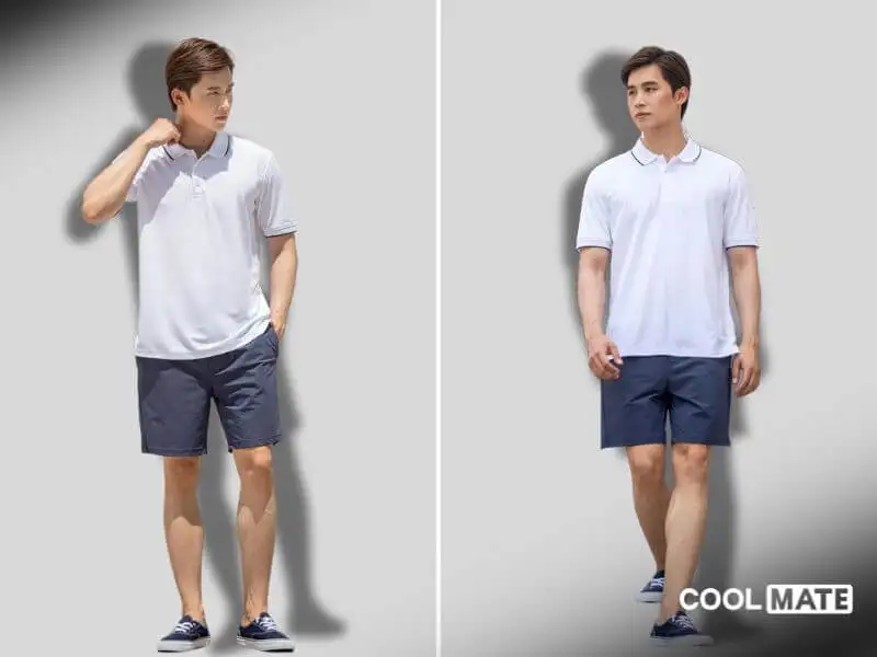 Áo polo trắng Coolmate phối cùng quần short thể thao