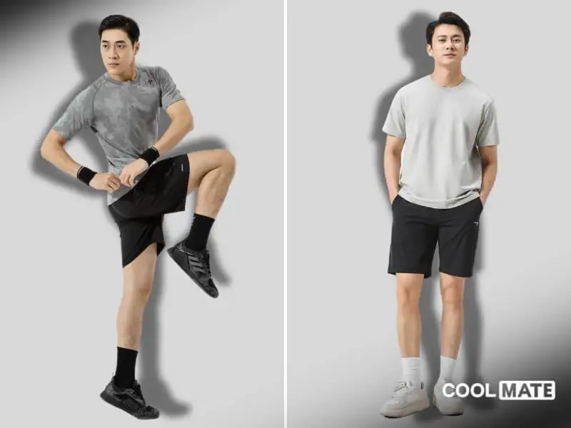 Áo thun xám Coolmate phối với quần short