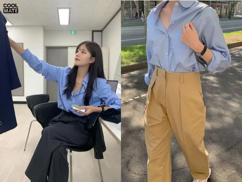 Áo sơ mi xanh dương phối quần culottes