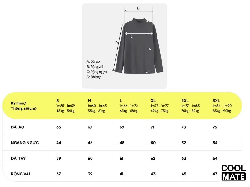 Bảng hướng dẫn chọn size áo của Coolmate