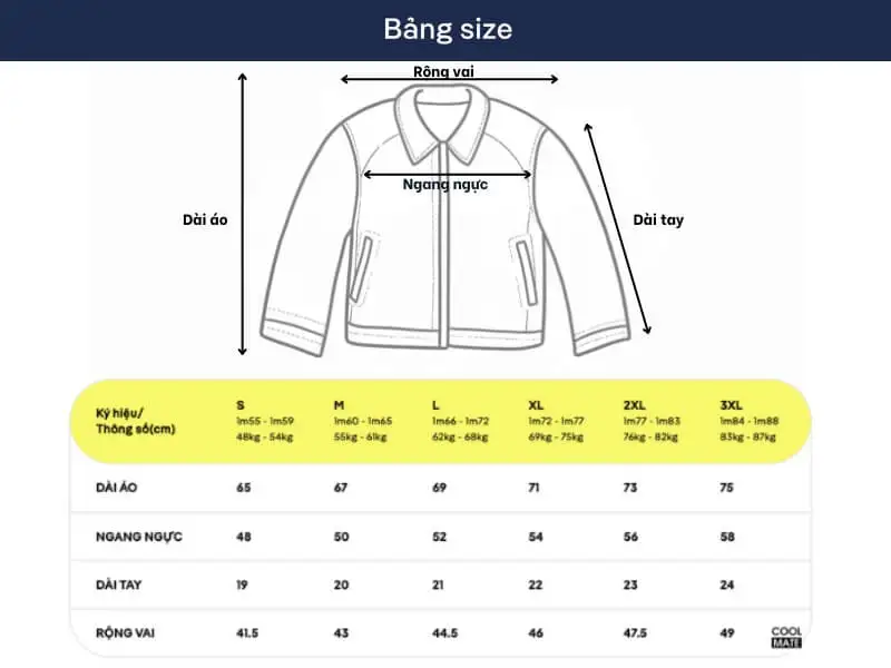 Bảng hướng dẫn chọn size áo khoác Coolmate