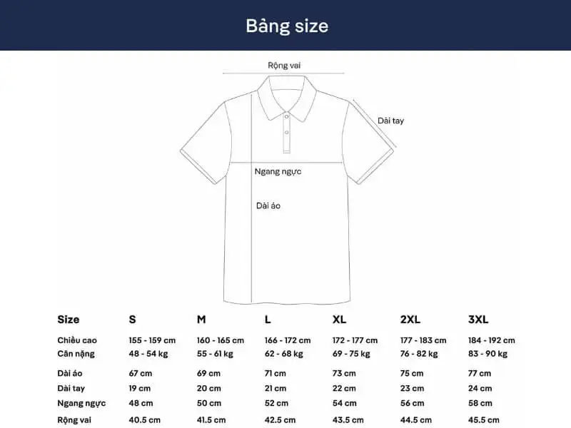 Bảng hướng dẫn chọn size áo Polo cotton Coolmate 