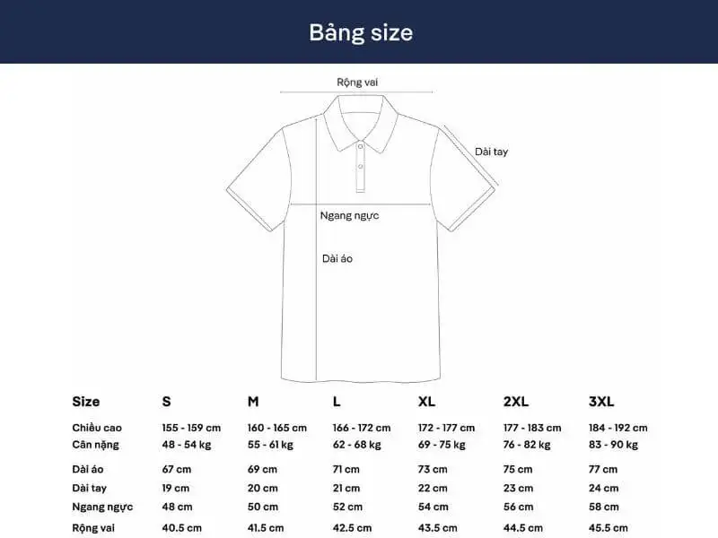 Bảng hướng dẫn chọn size áo polo đen Coolmate 