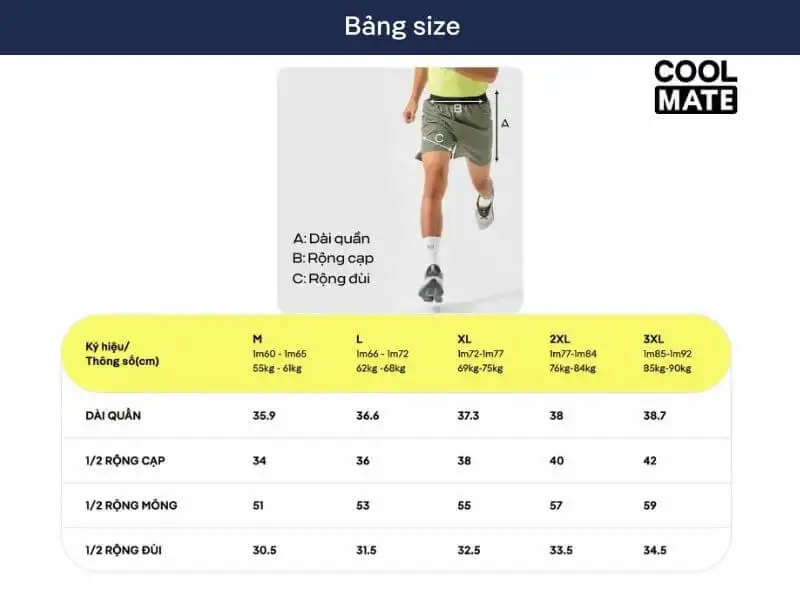 Bảng hướng dẫn chọn size quần Short xanh rêu Coolmate 