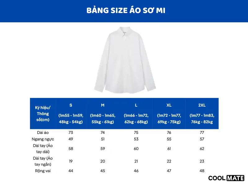  Bảng size áo sơ mi nam Coolmate chi tiết