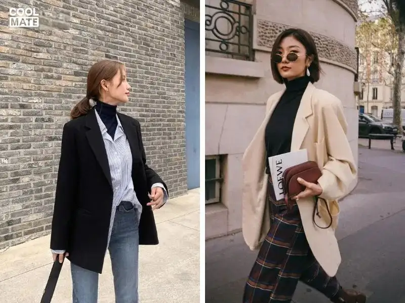 Kết hợp áo len cổ lọ với áo khoác blazer 