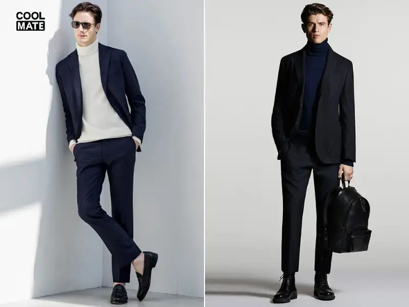 Phối áo len cổ lọ với áo vest/áo blazer