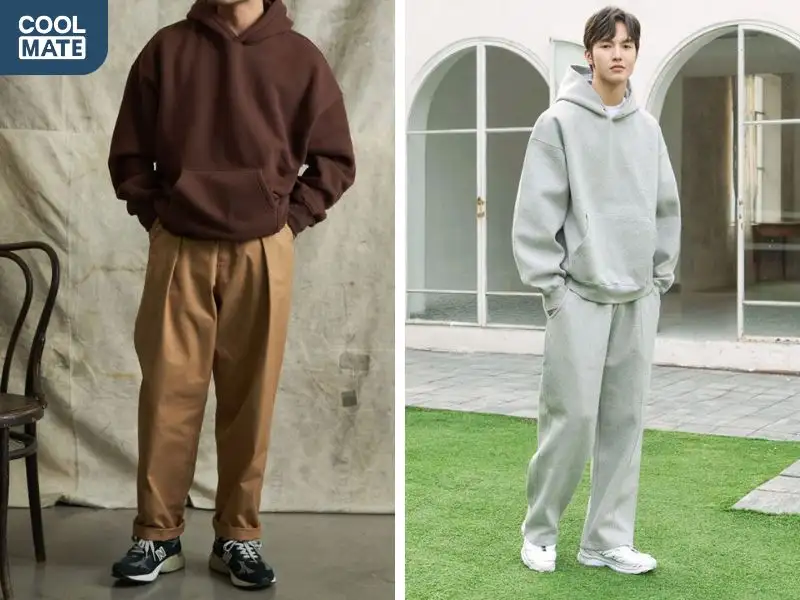 Quần chinos ống rộng kết hợp cùng áo Sweatshirt 