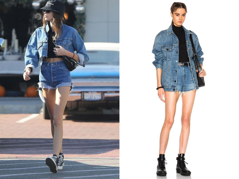 Áo giữ nhiệt màu đen cùng quần short jean