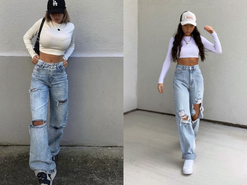 Áo giữ nhiệt cùng quần jeans rách