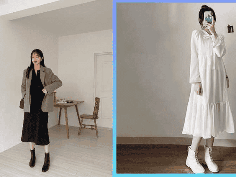 Váy suông dài tay kết hợp với boots cổ thấp
