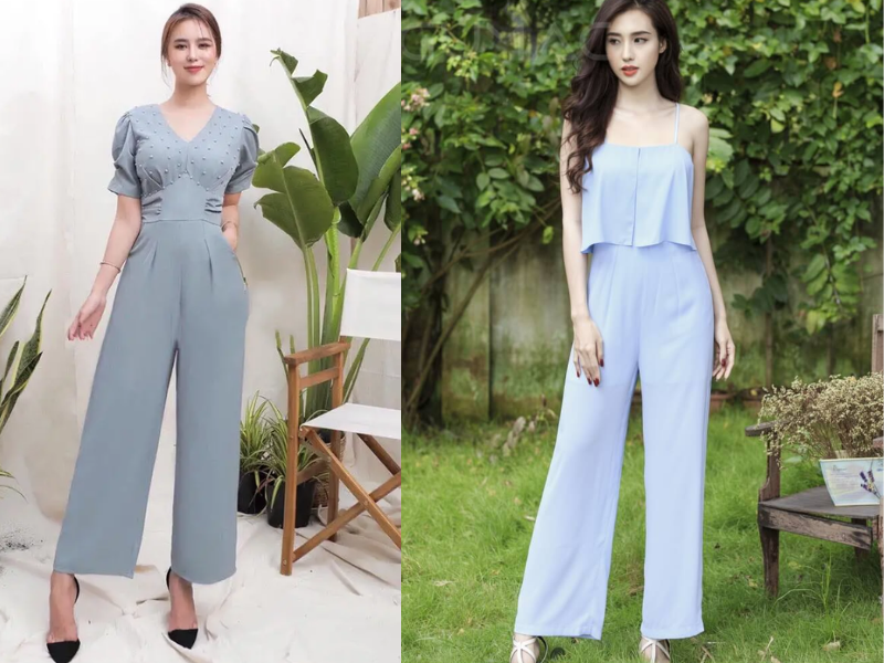 Jumpsuit 2 dây trẻ trung kết hợp giày cao gót quai mảnh