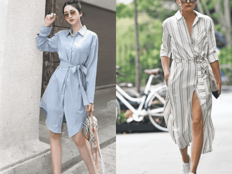 Đầm sơ mi kết hợp với giày sneaker