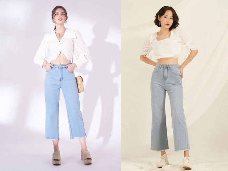 Áo tay bồng kết hợp với quần jeans ống đứng