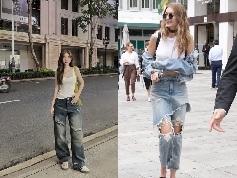 Áo ba lỗ trắng phối quần jeans rách gối