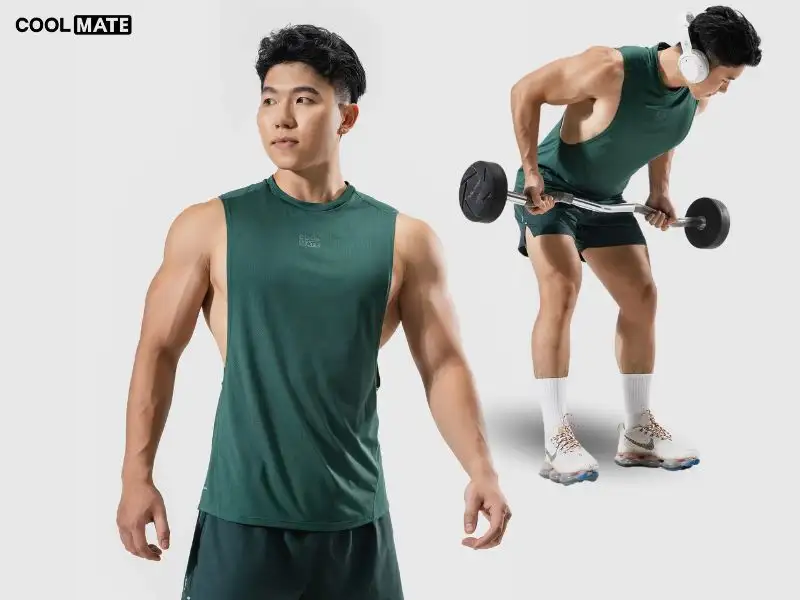 Áo Gym Drop Arm co giãn, thoáng khí màu xanh Stone