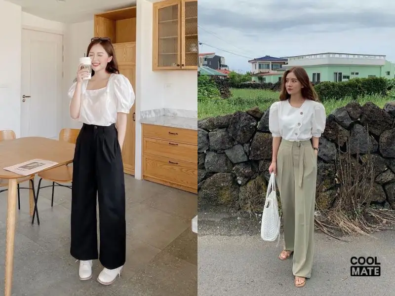 Phối đồ đi cafe cho nữ với áo blouse tay phồng, quần culottes