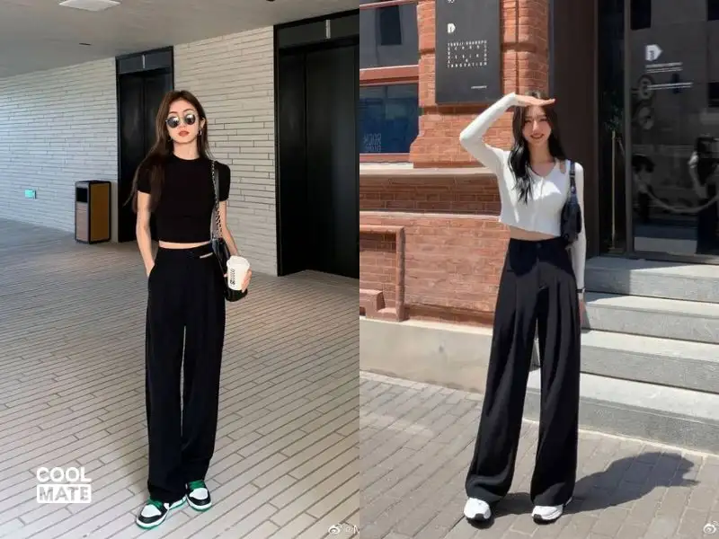 Phối đồ đi cafe cho nữ với áo croptop, quần ống rộng