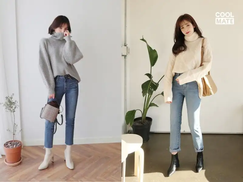 Phối đồ đi cafe cho nữ với áo len oversize và quần skinny jeans