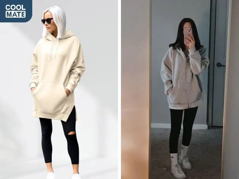 Áo hoodie oversized cùng quần jeans skinny sẽ mang lại cho bạn sự năng động và ấm áp