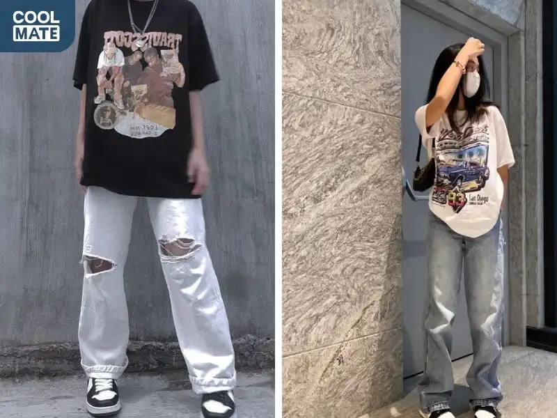 Quần jeans rách và áo thun oversized mang lại sự tự do và phóng khoáng